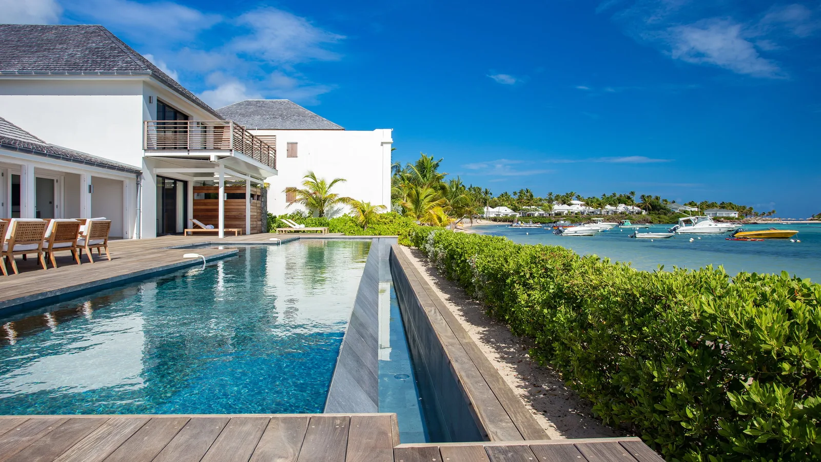 The villa's pool seen from the terrace at Aquablue Estate