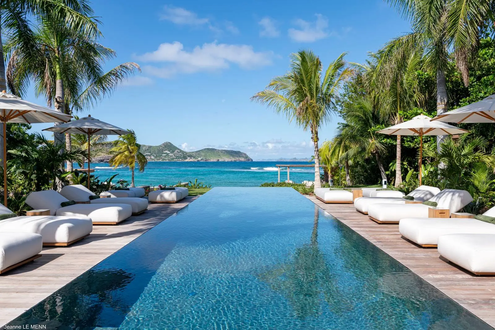 Beachfront villa with long pool framed by palms